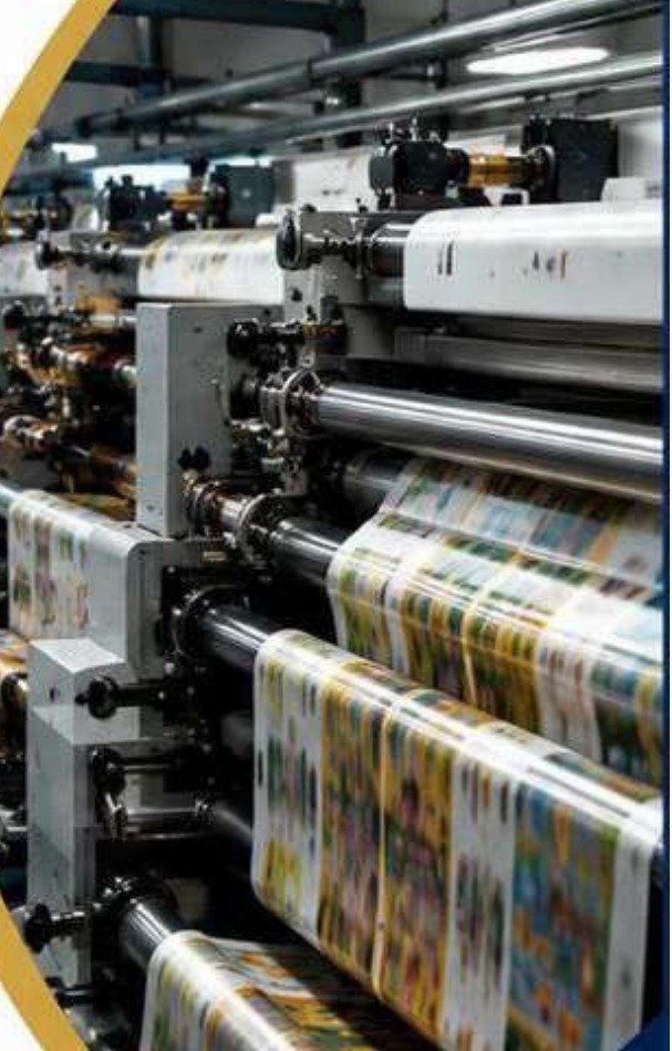 Multi-colour label printing press in operation